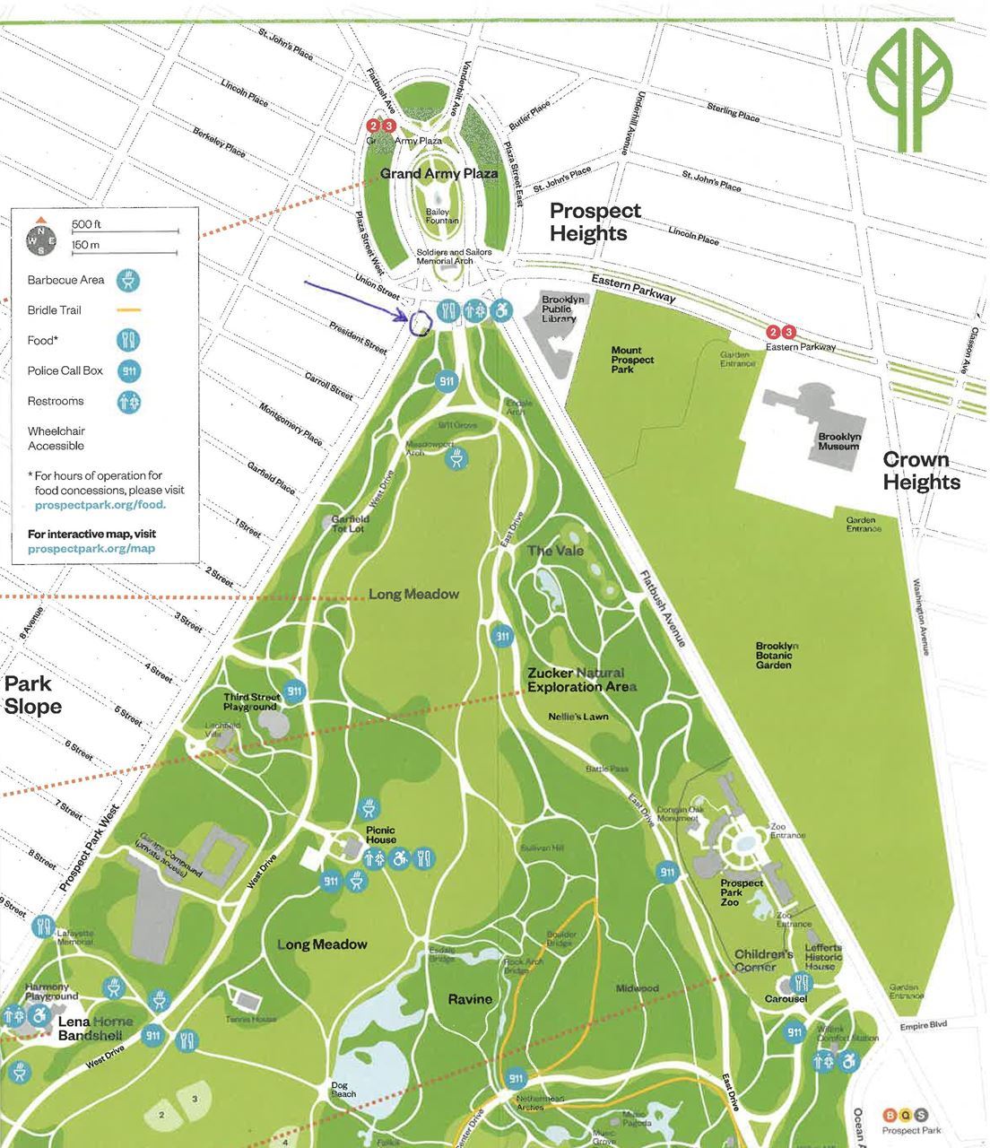 Map indicating the meet up spot at the corner where Prospect Park West begins, on the park side.