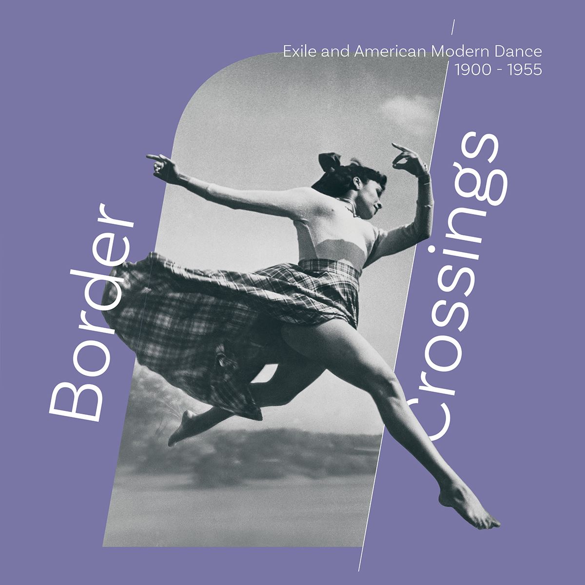 Promotional graphic for NYPL’s ‘Border Crossing’ exhibit, featuring a black-and-white image of a woman dancing against a purple background.
