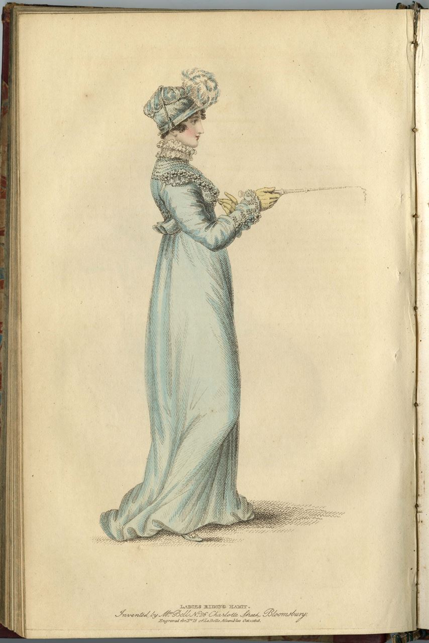 Drawing of a white woman in a light blue dress and matching hat